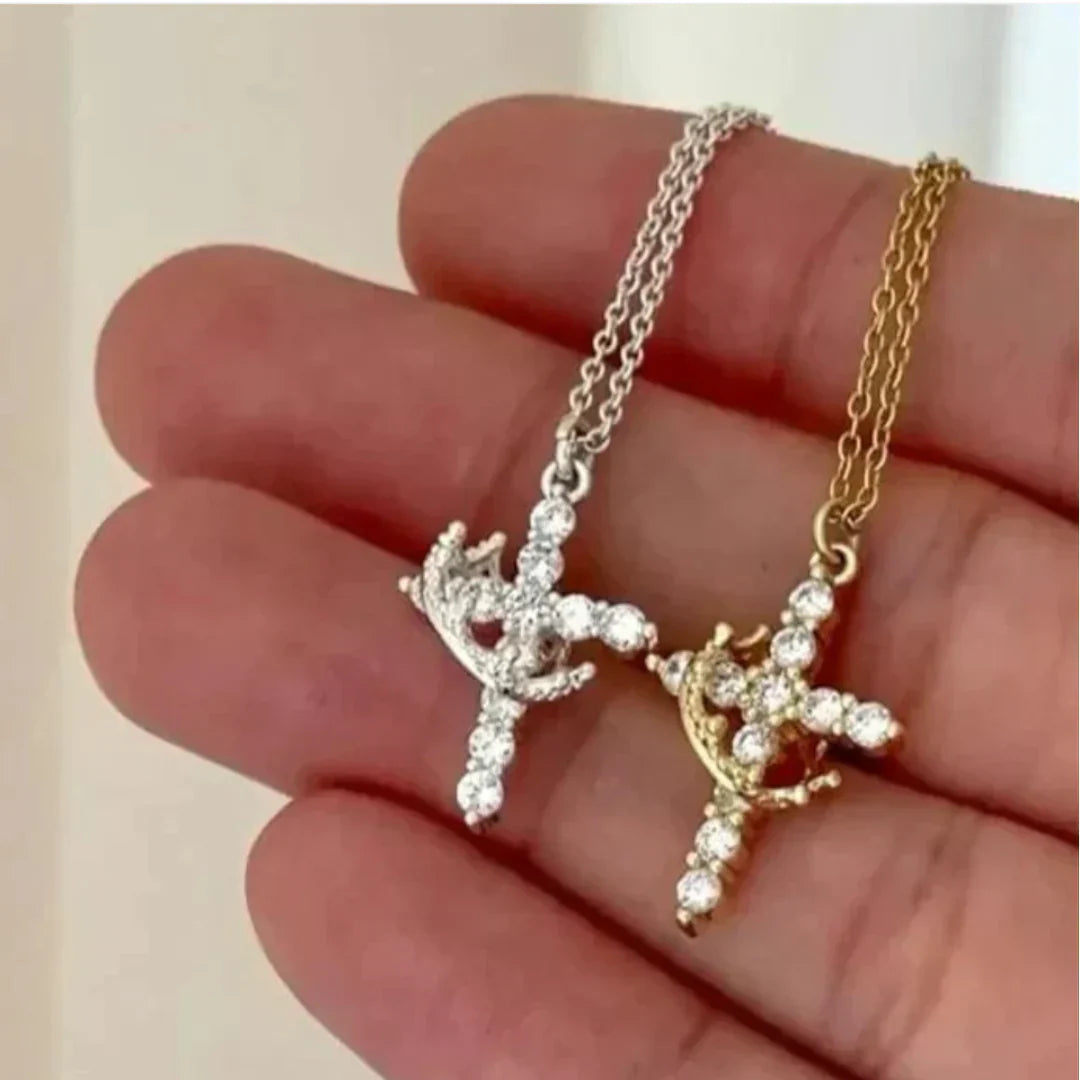 Cross & Rotating Crown Necklace