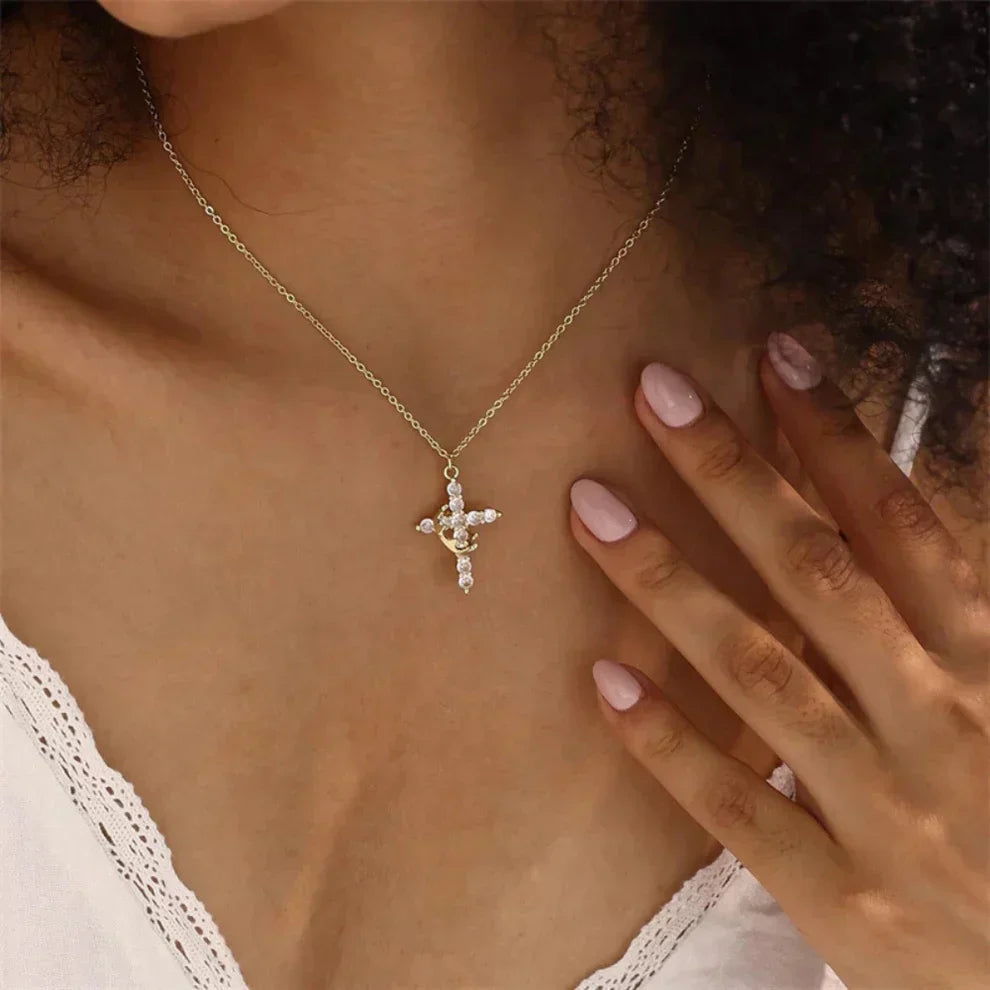 Cross & Rotating Crown Necklace