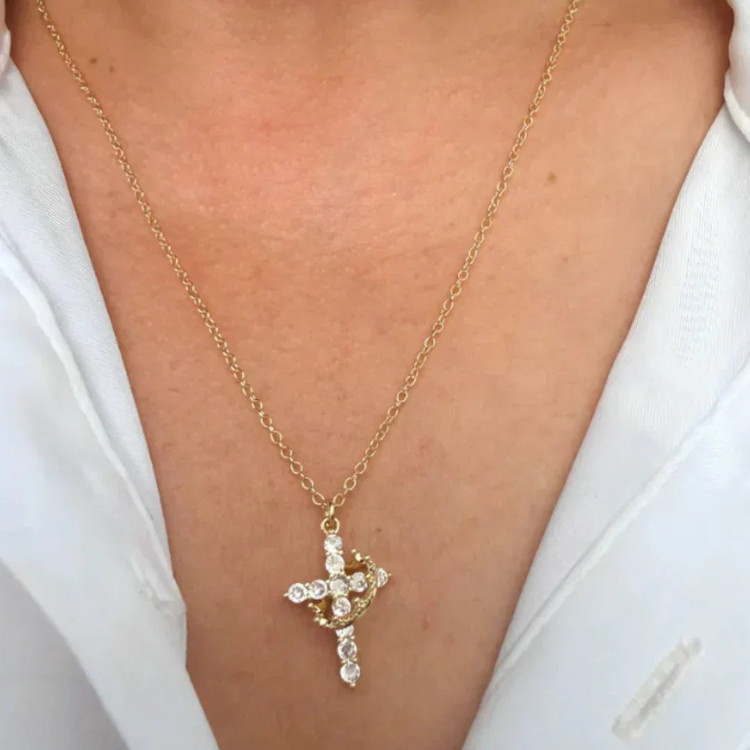 Cross & Rotating Crown Necklace